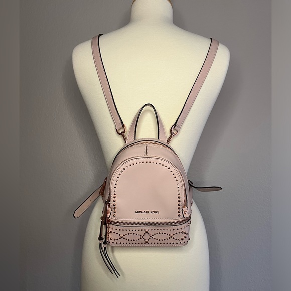 MICHAEL KORS Rhea Mini Leather Backpack Studded Soft Pink - Picture 1 of 12